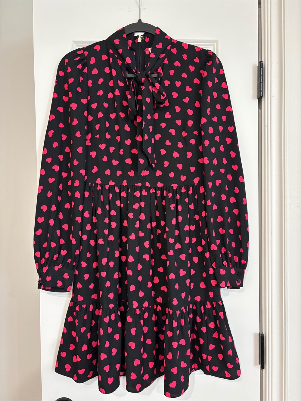 Kate Spade Women’s Black Midi Dress with Pink Heart Print and Tie Neck